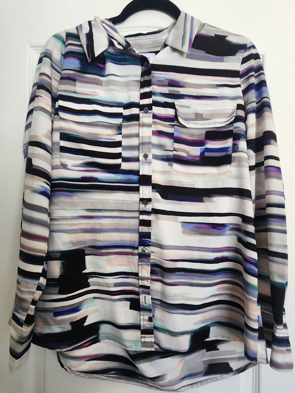 Calvin Klein Striped Watercolor Button-Up Blouse  L Euc